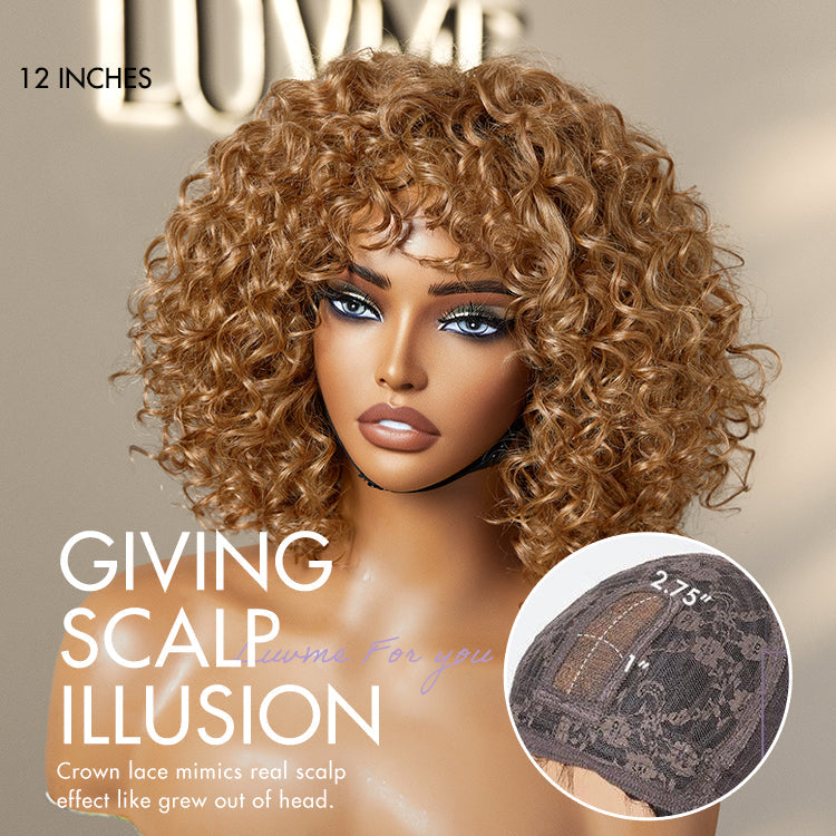 Lightweight Sun-kissed Vibe Blonde Short Cut Water Wave Glueless Minimalist Lace Curly Wig with Bangs