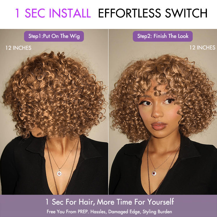 Lightweight Sun-kissed Vibe Blonde Short Cut Water Wave Glueless Minimalist Lace Curly Wig with Bangs