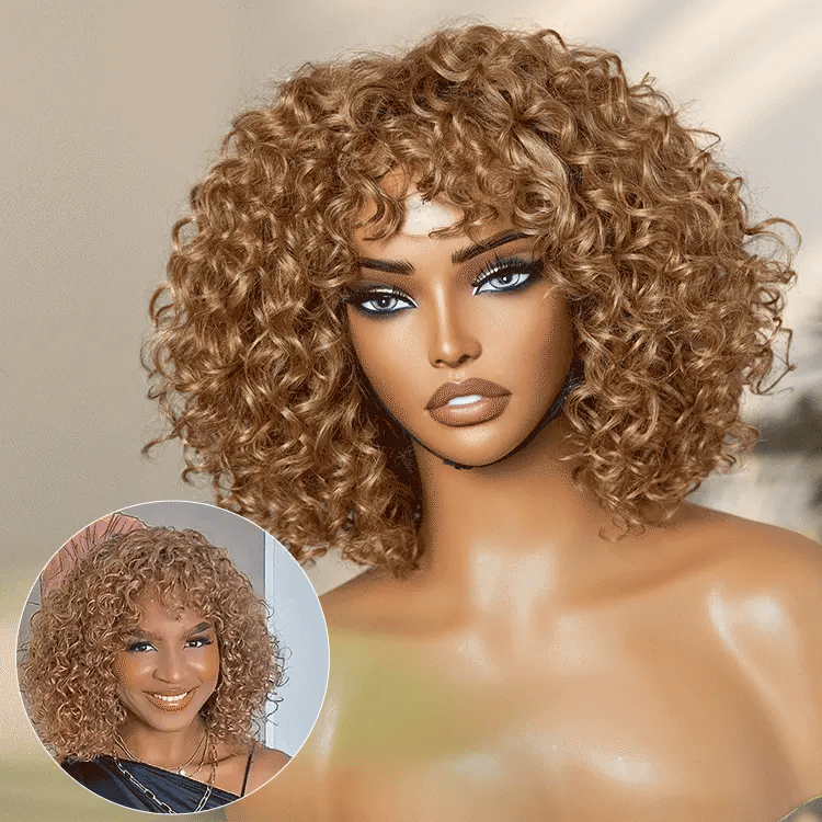 Lightweight Sun-kissed Vibe Blonde Short Cut Water Wave Glueless Minimalist Lace Curly Wig with Bangs