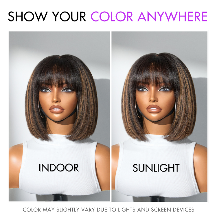 Put On and Go Brown Highlight Yaki Bob with Bangs Glueless Minimalist Lace Wig Breathable Cap