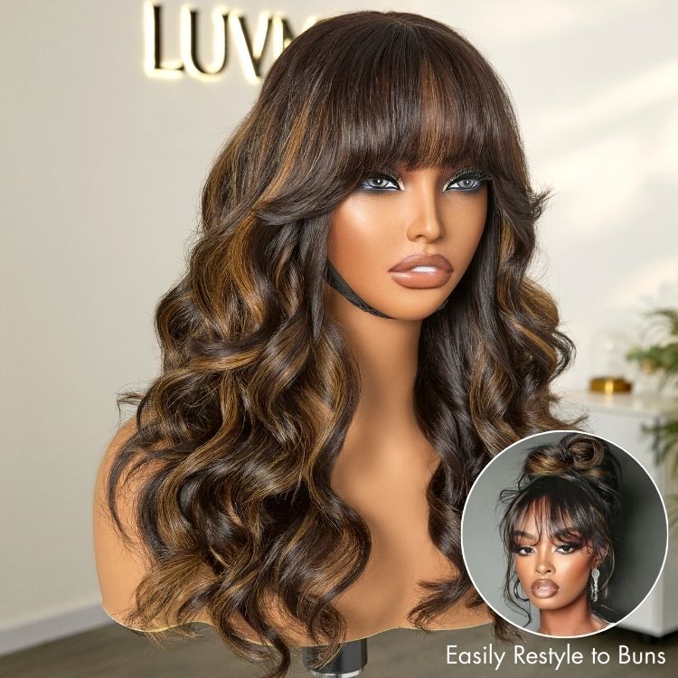 True Scalp Blonde Highlight Loose Wave Glueless Minimalist Lace Wig with Bangs