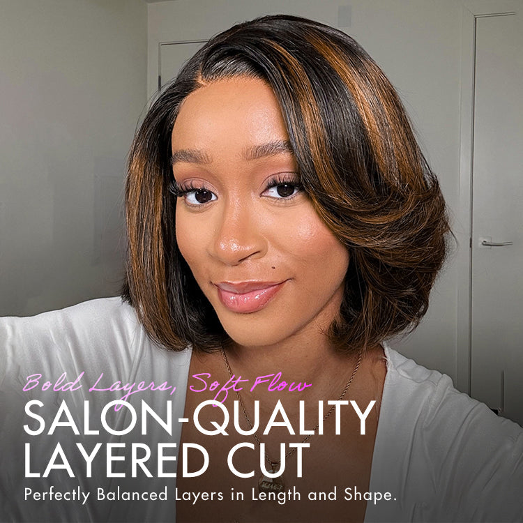 Trendy Brown Highlight Layered Bob Blowout Glueless 5x5 Lace Closure Wig 100% Human Hair Pre-Cut Lace