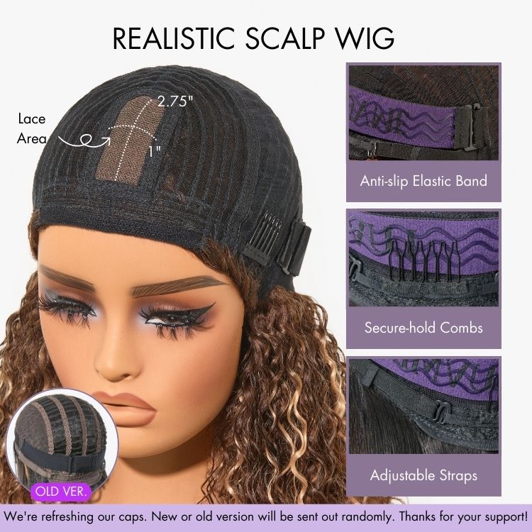 True Scalp Blonde Highlight Loose Wave Glueless Minimalist Lace Wig with Bangs