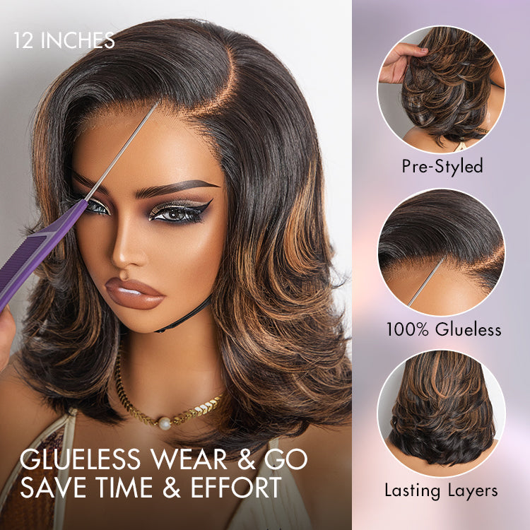 Brown Highlight Layered Wavy Butterfly Haircut Glueless Minimalist HD Lace Wig Pre-Cut Lace