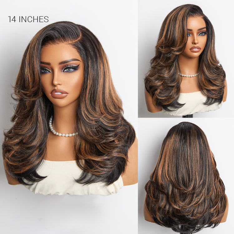 Brown Highlight Layered Wavy Butterfly Haircut Glueless Minimalist HD Lace Wig Pre-Cut Lace