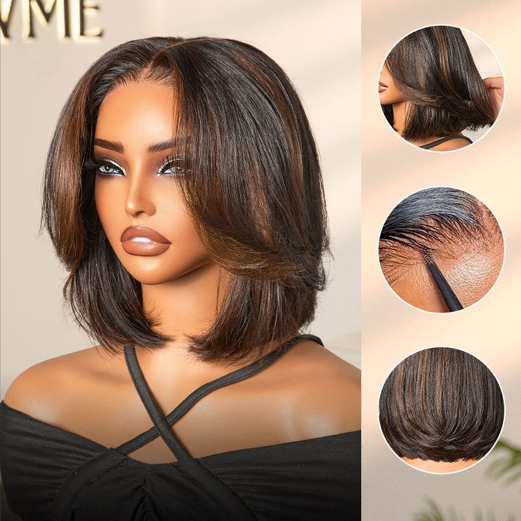 Brown Highlight Silky Short Bob Wig Layered Cut Human Hair Glueless 5x5 Closure Pre-Cut Lace Wig