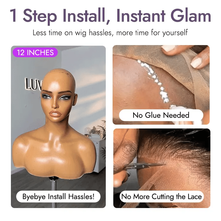 Throw On & Go Brown Highlight / Natural Black Short Bouncy Curls with Bangs Glueless Wig 100% Human Hair - US Only