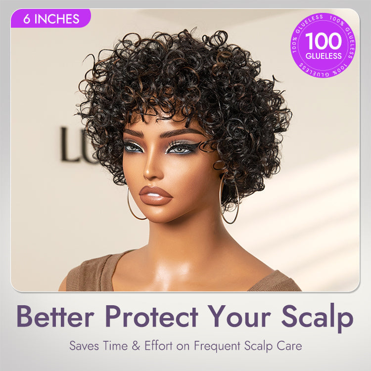 Throw On & Go Brown Highlight / Natural Black Short Bouncy Curls with Bangs Glueless Wig 100% Human Hair - US Only