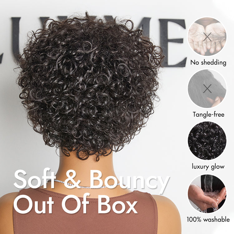 Throw On & Go Brown Highlight / Natural Black Short Bouncy Curls with Bangs Glueless Wig 100% Human Hair - US Only