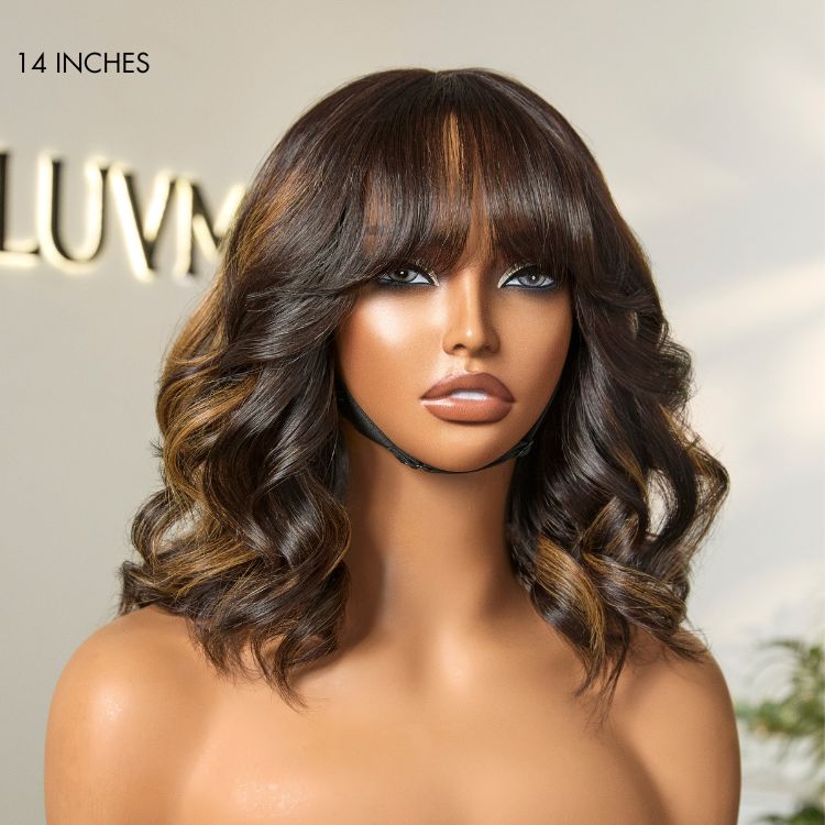 True Scalp Blonde Highlight Loose Wave Glueless Minimalist Lace Wig with Bangs