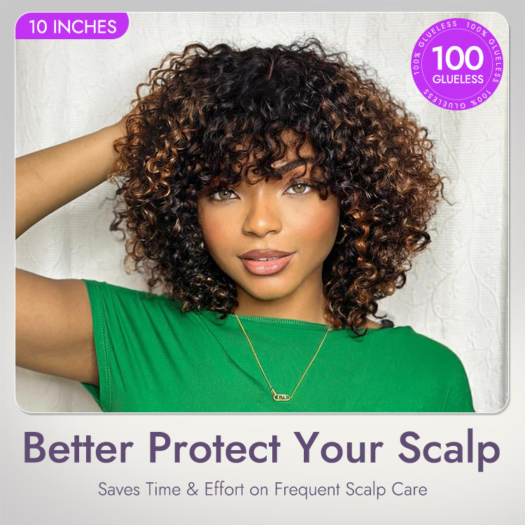 1 SEC INSTALL WIG | Brown Highlight Water Wave Natural Scalp Glueless Minimalist Lace Short Curly Wig with Bangs
