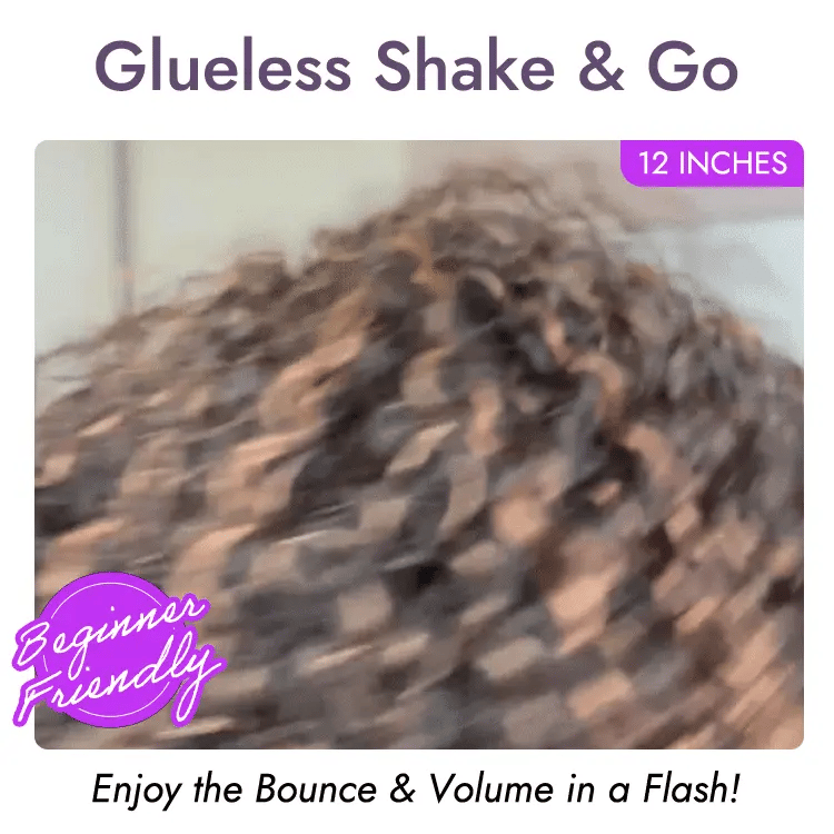 1 SEC INSTALL WIG | Brown Highlight Water Wave Natural Scalp Glueless Minimalist Lace Short Curly Wig with Bangs