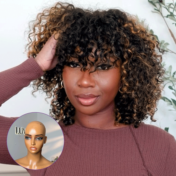 1 SEC INSTALL WIG | Brown Highlight Water Wave Natural Scalp Glueless Minimalist Lace Short Curly Wig with Bangs