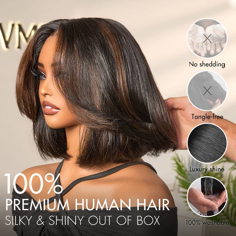 Brown Highlight Silky Short Bob Wig Layered Cut Human Hair Glueless 5x5 Closure Pre-Cut Lace Wig